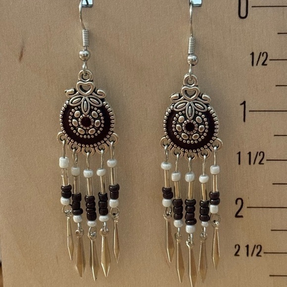 Jewelry - Silver-Tone with Dark Red Beads and Metal Tassel Earrings BRAND NEW
